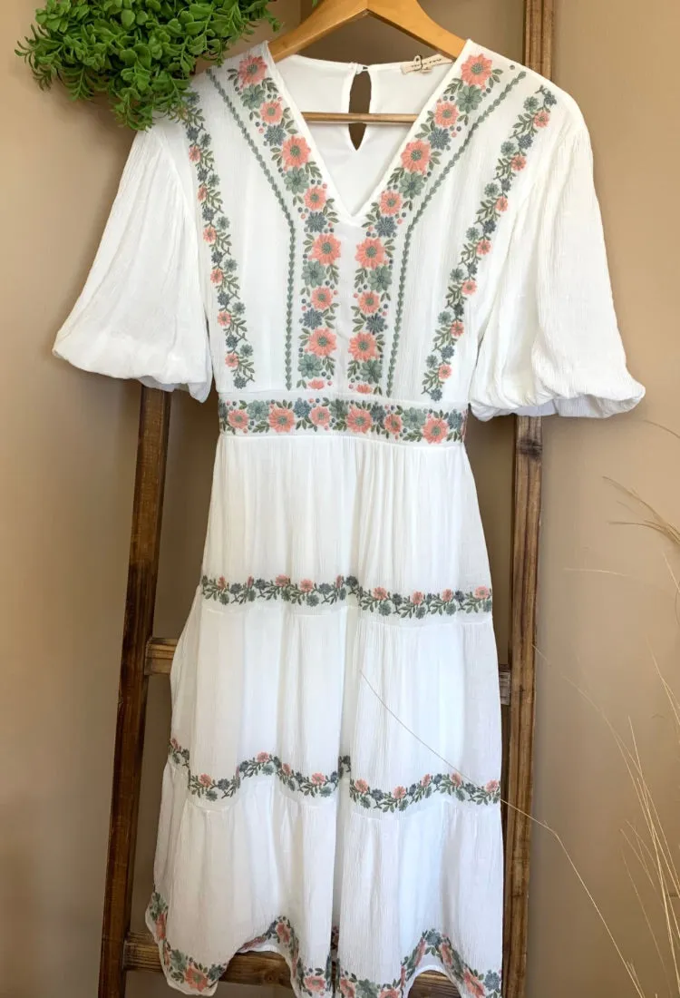 Ryann Embroidered Dress in Ivory