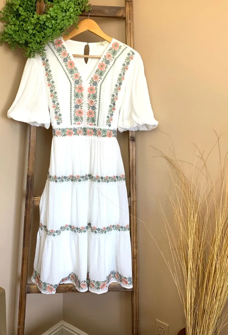 Ryann Embroidered Dress in Ivory