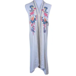 Soft Surroundings Embroidered Floral Long Sleeveless Vest Boho Lagenlook Linen