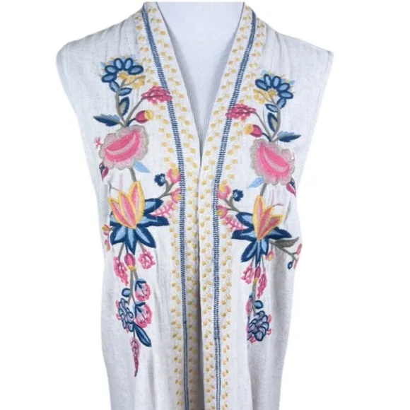 Soft Surroundings Embroidered Floral Long Sleeveless Vest Boho Lagenlook Linen