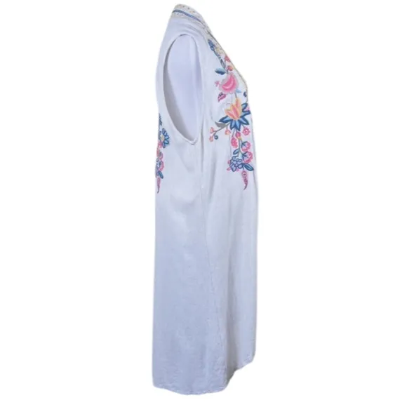 Soft Surroundings Embroidered Floral Long Sleeveless Vest Boho Lagenlook Linen