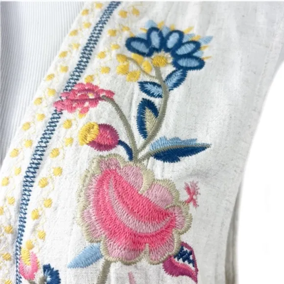 Soft Surroundings Embroidered Floral Long Sleeveless Vest Boho Lagenlook Linen