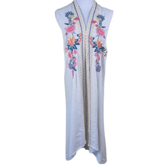Soft Surroundings Embroidered Floral Long Sleeveless Vest Boho Lagenlook Linen