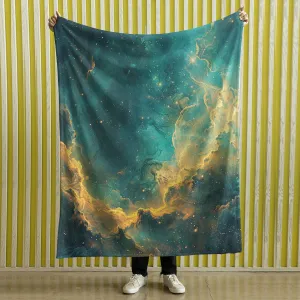 Space Blanket - Galaxy fleece blanket, Heart Nebula Centre Blanket, Galaxy Blanket, cosy room decor, blue and gold throw, lightweight fleece, clouds in outer space 001