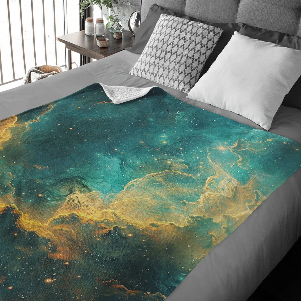 Space Blanket - Galaxy fleece blanket, Heart Nebula Centre Blanket, Galaxy Blanket, cosy room decor, blue and gold throw, lightweight fleece, clouds in outer space 001