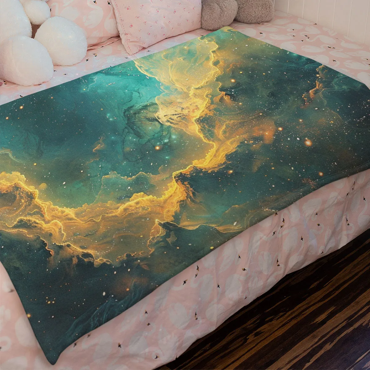Space Blanket - Galaxy fleece blanket, Heart Nebula Centre Blanket, Galaxy Blanket, cosy room decor, blue and gold throw, lightweight fleece, clouds in outer space 001