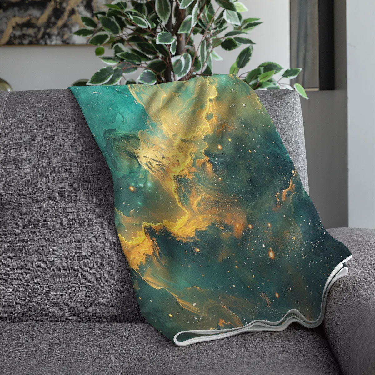 Space Blanket - Galaxy fleece blanket, Heart Nebula Centre Blanket, Galaxy Blanket, cosy room decor, blue and gold throw, lightweight fleece, clouds in outer space 001