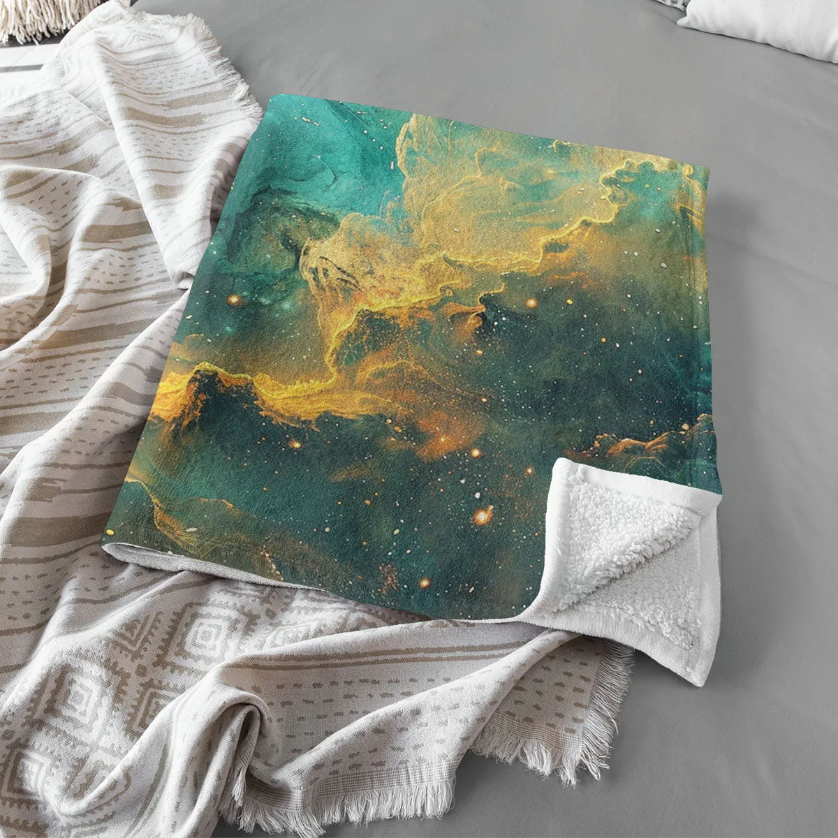 Space Blanket - Galaxy fleece blanket, Heart Nebula Centre Blanket, Galaxy Blanket, cosy room decor, blue and gold throw, lightweight fleece, clouds in outer space 001