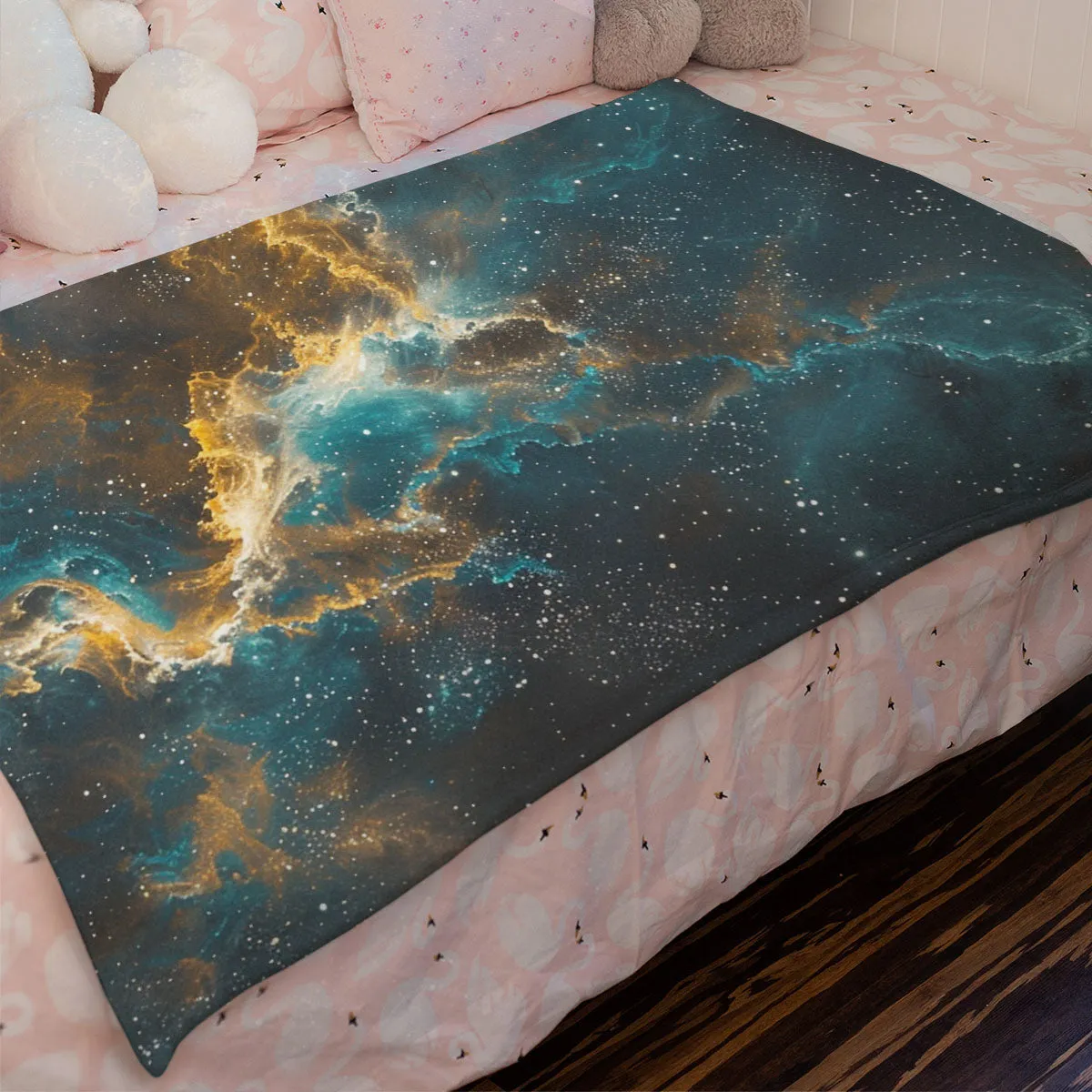 Space Blanket - Galaxy fleece blanket, Heart Nebula Centre Blanket, Galaxy Blanket, cosy room decor, blue and gold throw, lightweight fleece, clouds in outer space 003