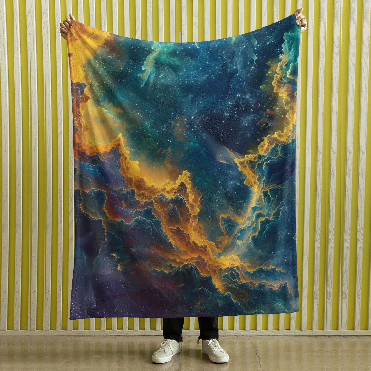 Space Blanket - Galaxy fleece blanket, Heart Nebula Centre Blanket, Galaxy Blanket, cosy room decor, blue and gold throw, lightweight fleece, clouds in outer space 004