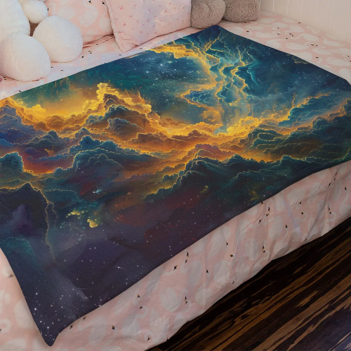 Space Blanket - Galaxy fleece blanket, Heart Nebula Centre Blanket, Galaxy Blanket, cosy room decor, blue and gold throw, lightweight fleece, clouds in outer space 004