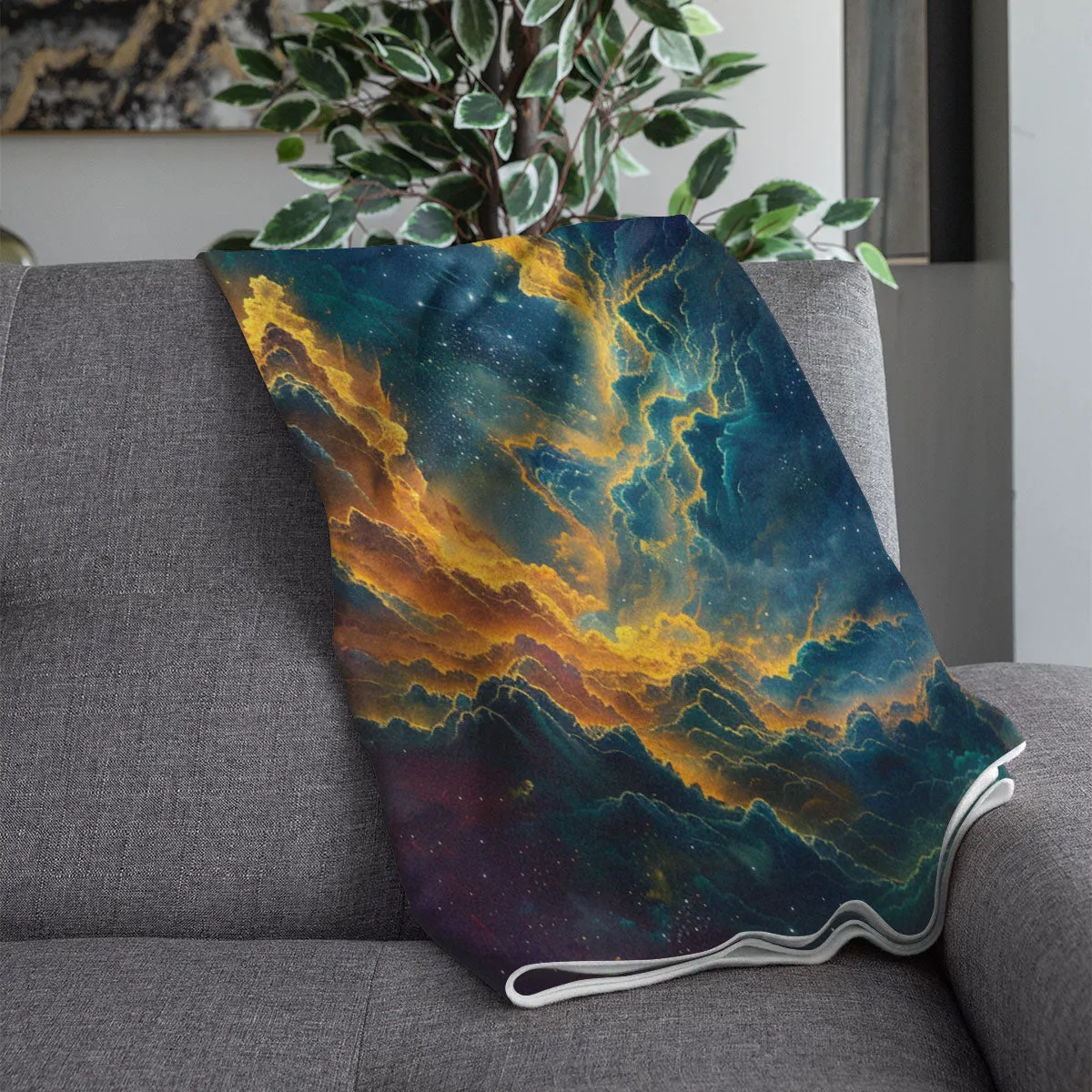 Space Blanket - Galaxy fleece blanket, Heart Nebula Centre Blanket, Galaxy Blanket, cosy room decor, blue and gold throw, lightweight fleece, clouds in outer space 004