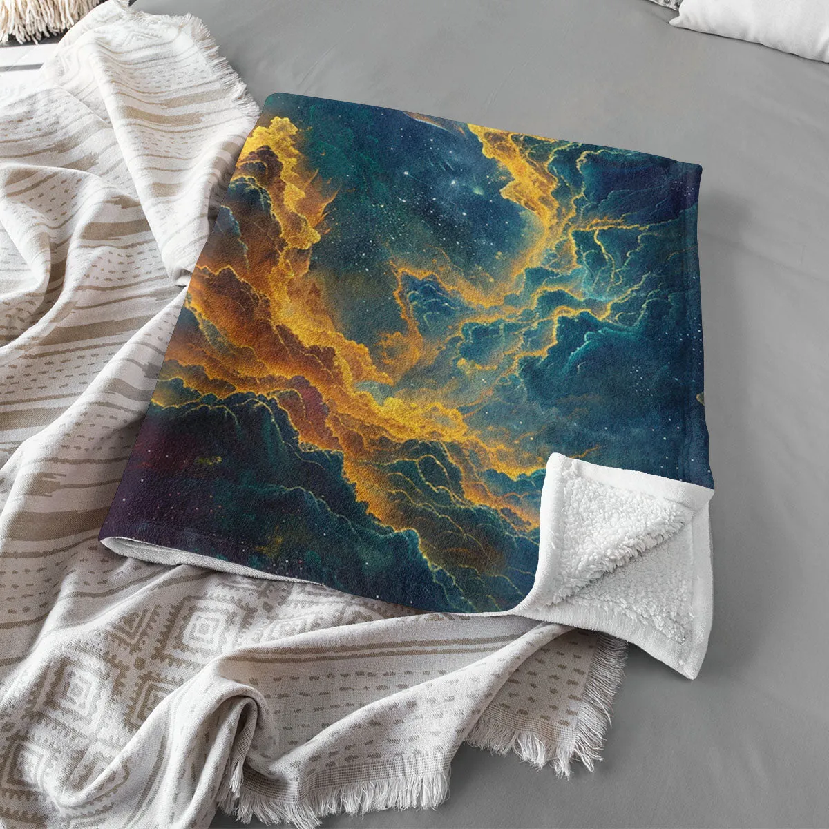 Space Blanket - Galaxy fleece blanket, Heart Nebula Centre Blanket, Galaxy Blanket, cosy room decor, blue and gold throw, lightweight fleece, clouds in outer space 004