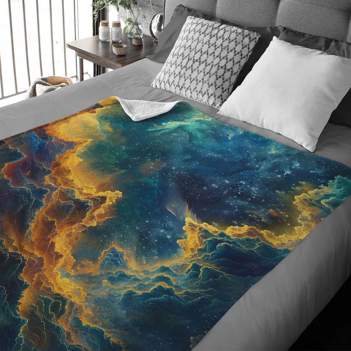 Space Blanket - Galaxy fleece blanket, Heart Nebula Centre Blanket, Galaxy Blanket, cosy room decor, blue and gold throw, lightweight fleece, clouds in outer space 004