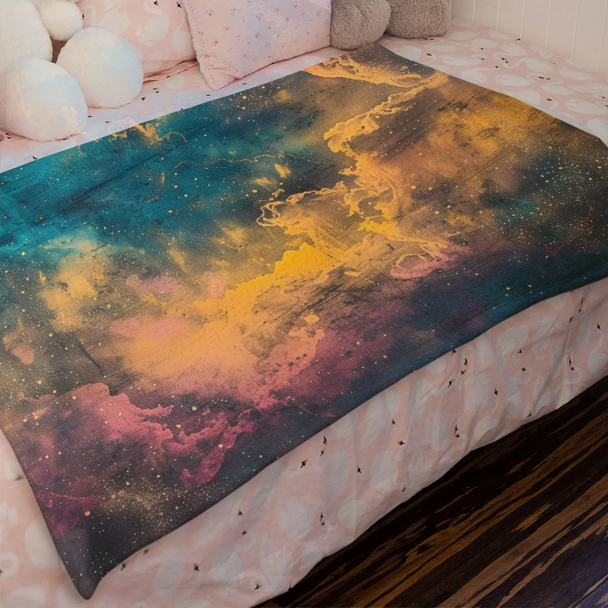 Space Blanket - Galaxy fleece blanket, Heart Nebula Centre Blanket, Galaxy Blanket, cosy room decor, blue and gold throw, lightweight fleece, clouds in outer space 005