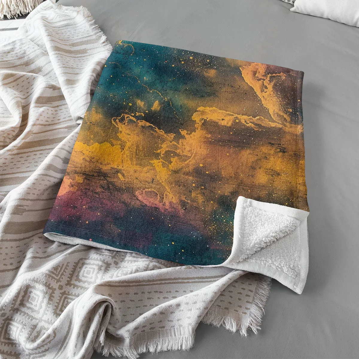 Space Blanket - Galaxy fleece blanket, Heart Nebula Centre Blanket, Galaxy Blanket, cosy room decor, blue and gold throw, lightweight fleece, clouds in outer space 005