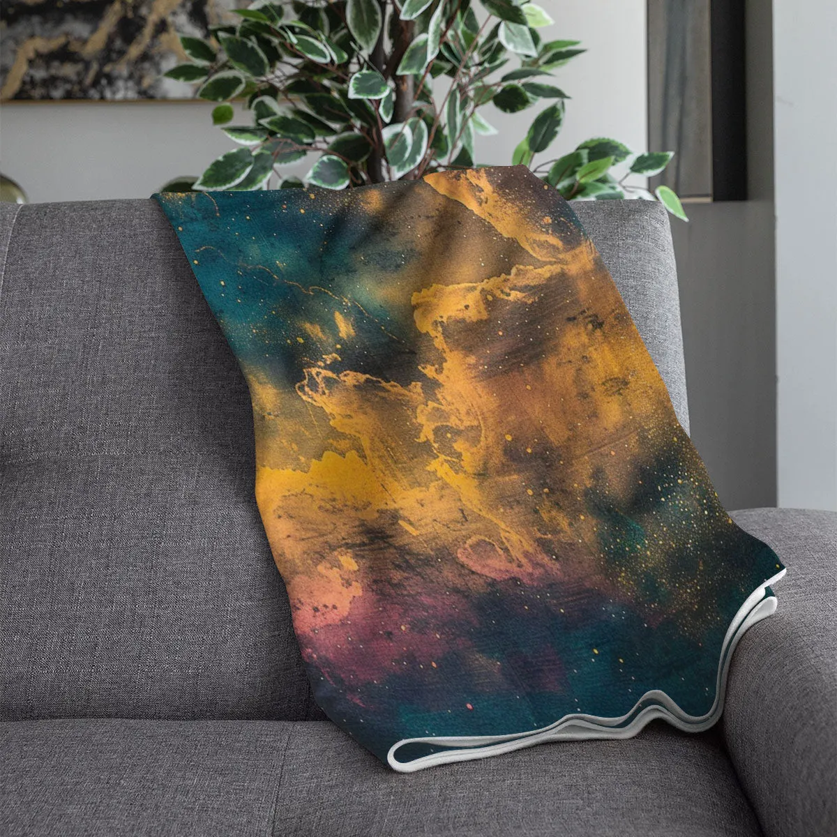 Space Blanket - Galaxy fleece blanket, Heart Nebula Centre Blanket, Galaxy Blanket, cosy room decor, blue and gold throw, lightweight fleece, clouds in outer space 005