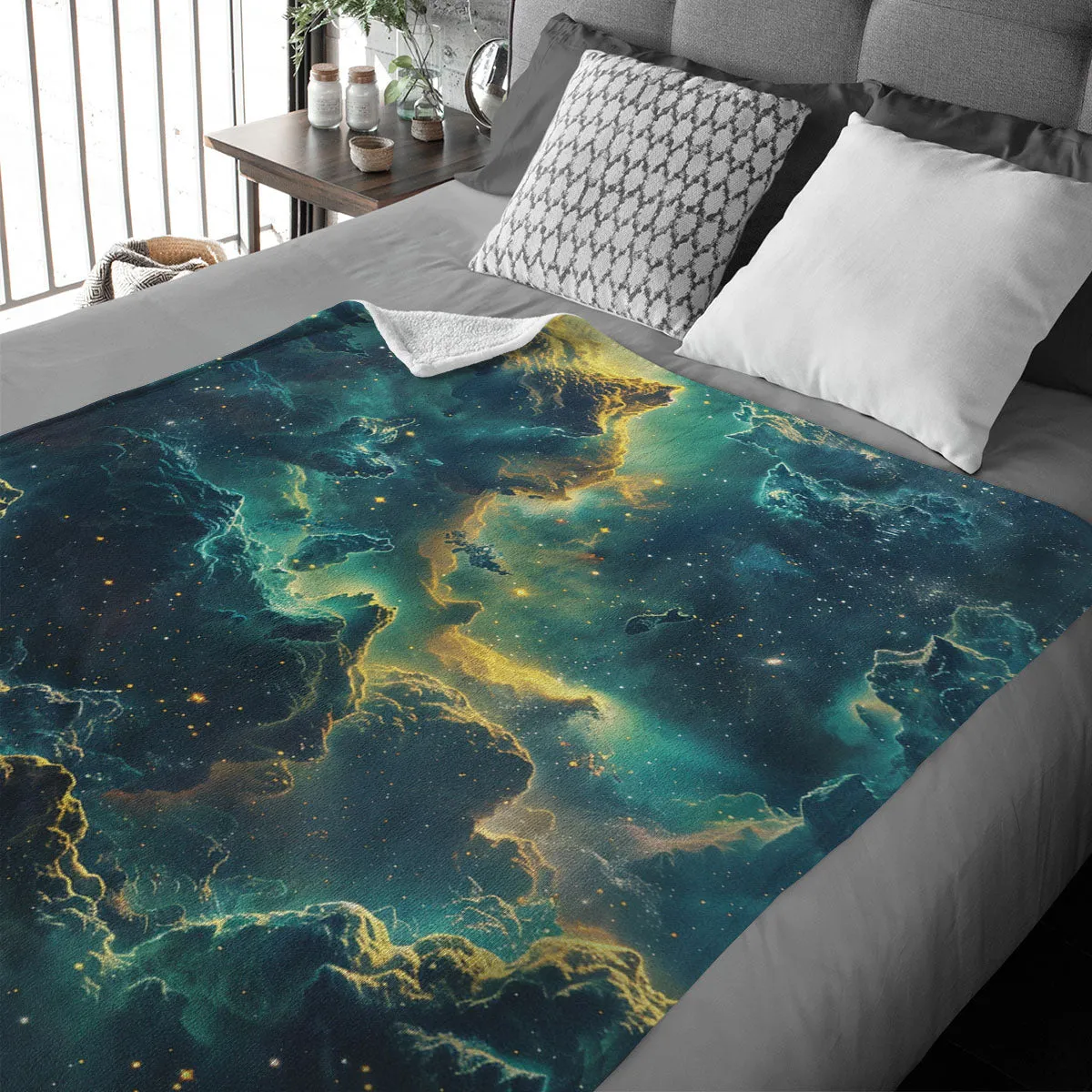 Space Blanket - Galaxy fleece blanket, Heart Nebula Centre Blanket, Galaxy Blanket, cosy room decor, blue and gold throw, lightweight fleece, clouds in outer space 007
