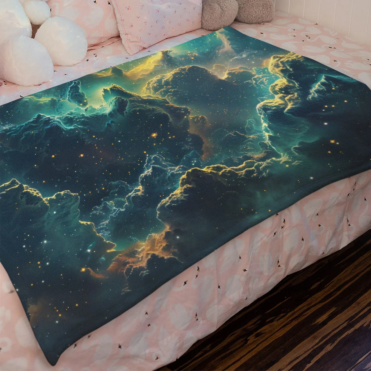 Space Blanket - Galaxy fleece blanket, Heart Nebula Centre Blanket, Galaxy Blanket, cosy room decor, blue and gold throw, lightweight fleece, clouds in outer space 007