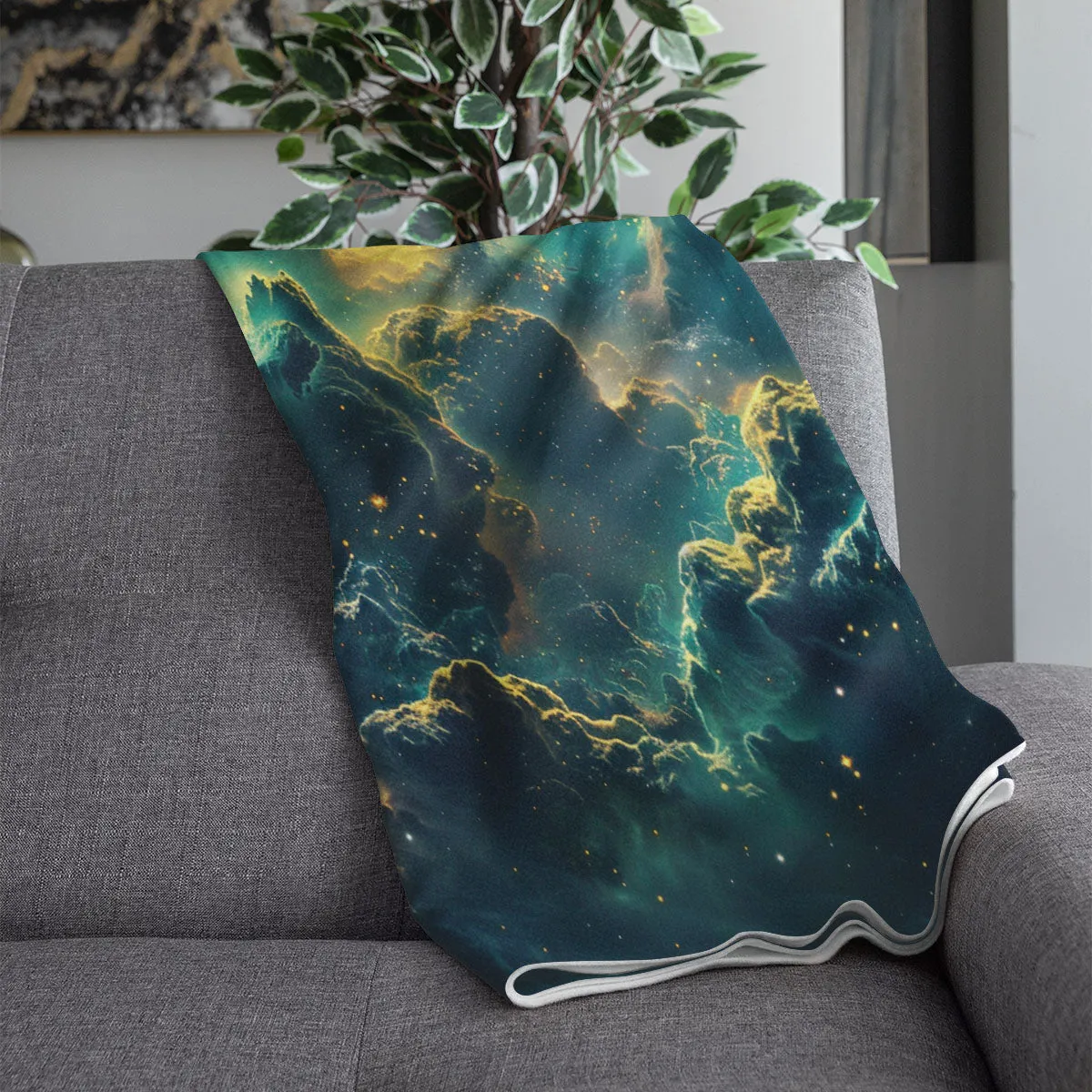 Space Blanket - Galaxy fleece blanket, Heart Nebula Centre Blanket, Galaxy Blanket, cosy room decor, blue and gold throw, lightweight fleece, clouds in outer space 007