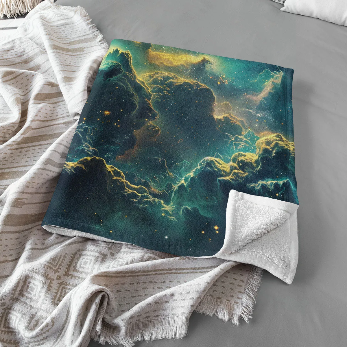 Space Blanket - Galaxy fleece blanket, Heart Nebula Centre Blanket, Galaxy Blanket, cosy room decor, blue and gold throw, lightweight fleece, clouds in outer space 007