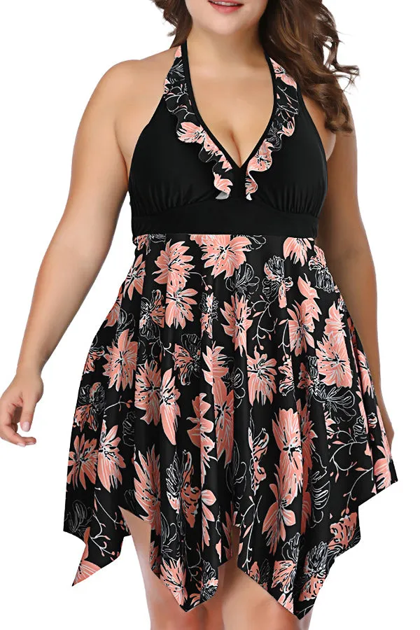 Split Skirt Print Swimsuit