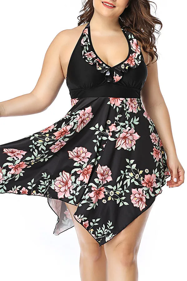 Split Skirt Print Swimsuit