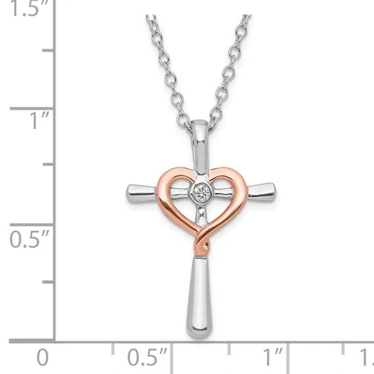 Sterling Silver with 10k Rose Accent Diamond Heart Cross Necklace