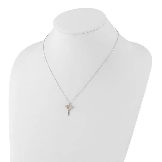 Sterling Silver with 10k Rose Accent Diamond Heart Cross Necklace