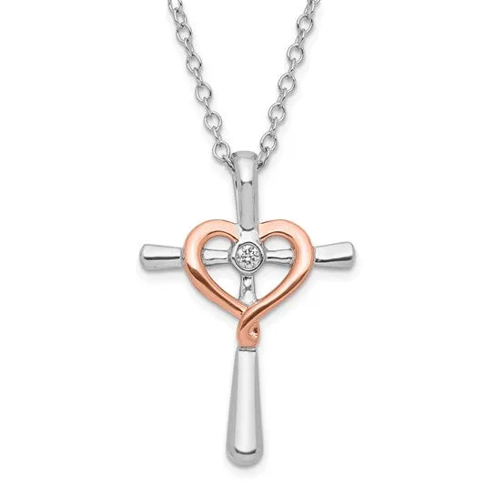 Sterling Silver with 10k Rose Accent Diamond Heart Cross Necklace