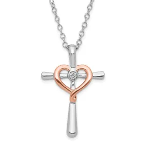 Sterling Silver with 10k Rose Accent Diamond Heart Cross Necklace