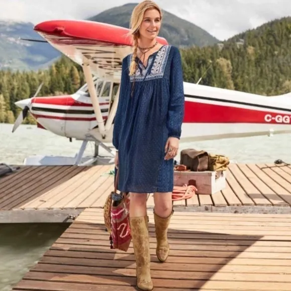 Sundance Estelle Embroidered Blue Peasant Dress - S