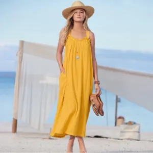 Sundance Sea Breeze Dobby Cotton Butter Yellow Ribbon Strap Maxi Dress, size XS