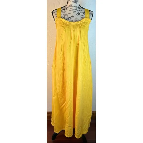 Sundance Sea Breeze Dobby Cotton Butter Yellow Ribbon Strap Maxi Dress, size XS