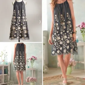 Sundance Womens Sheer Floral Embroidered Trapeze Dress in Gray and Cream Size S