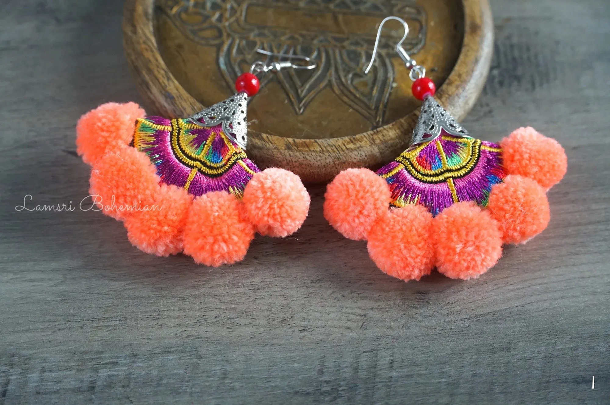 Sunset Bloom Embroidered Pom Pom Earrings