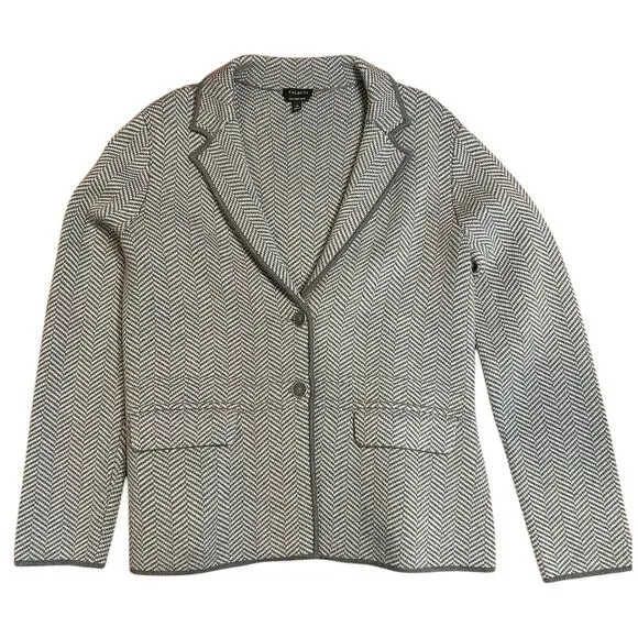 TALBOTS Gray Herringbone Sweater Jacket Button Cardigan 100% Merino Wool MEDIUM