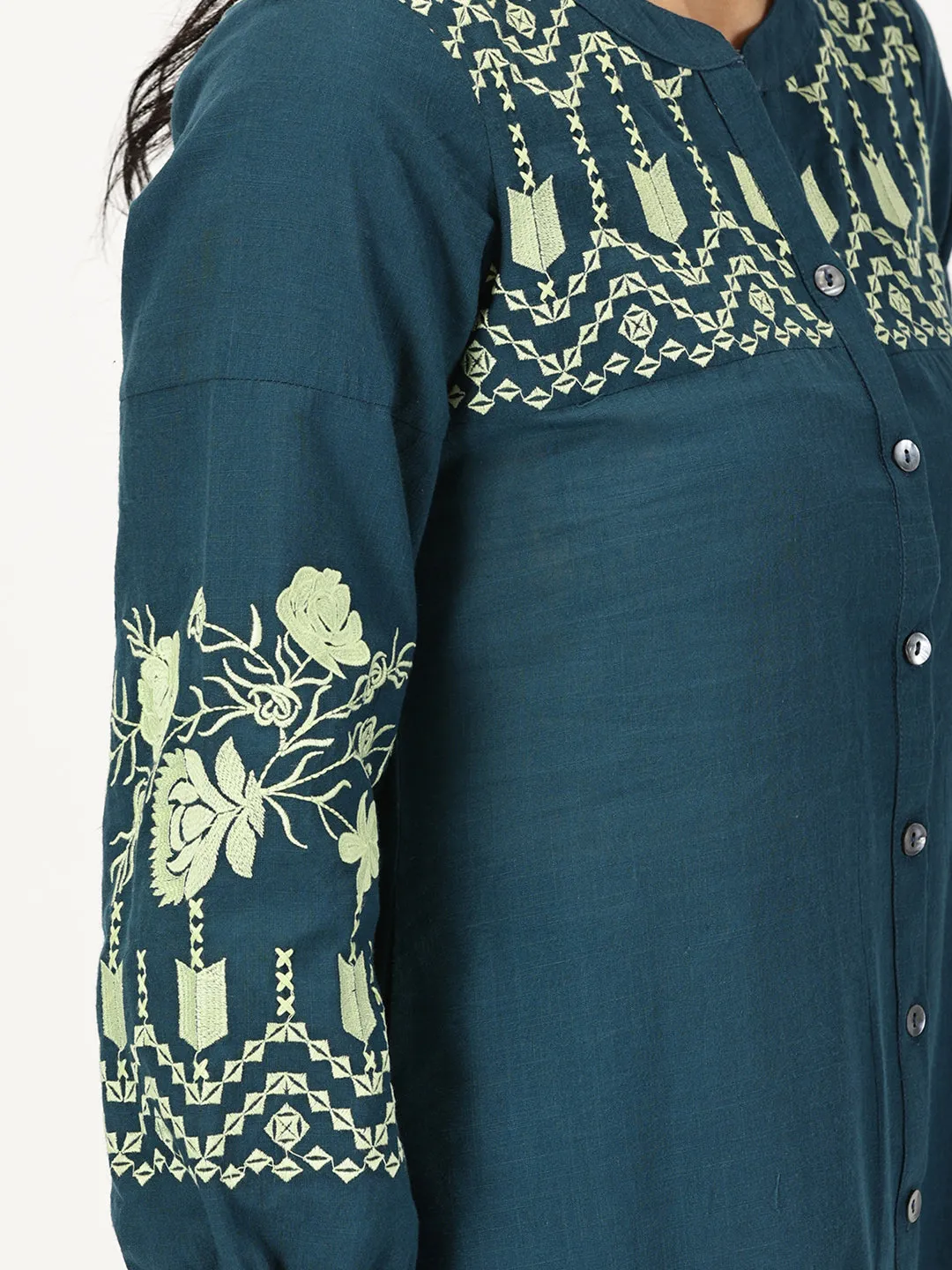 Teal Boho Midi Dress with Embroidered Details