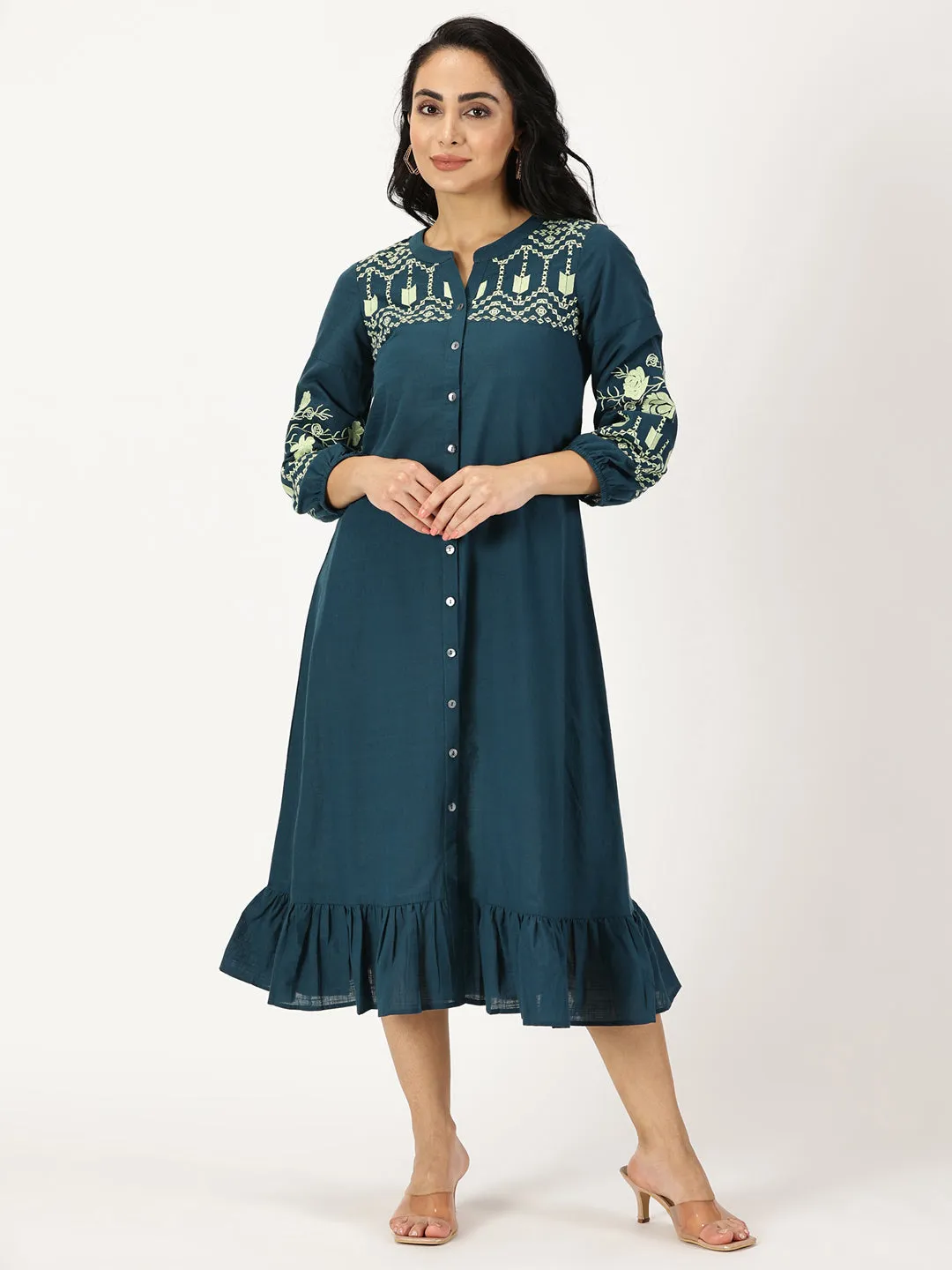 Teal Boho Midi Dress with Embroidered Details