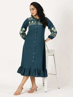 Teal Boho Midi Dress with Embroidered Details