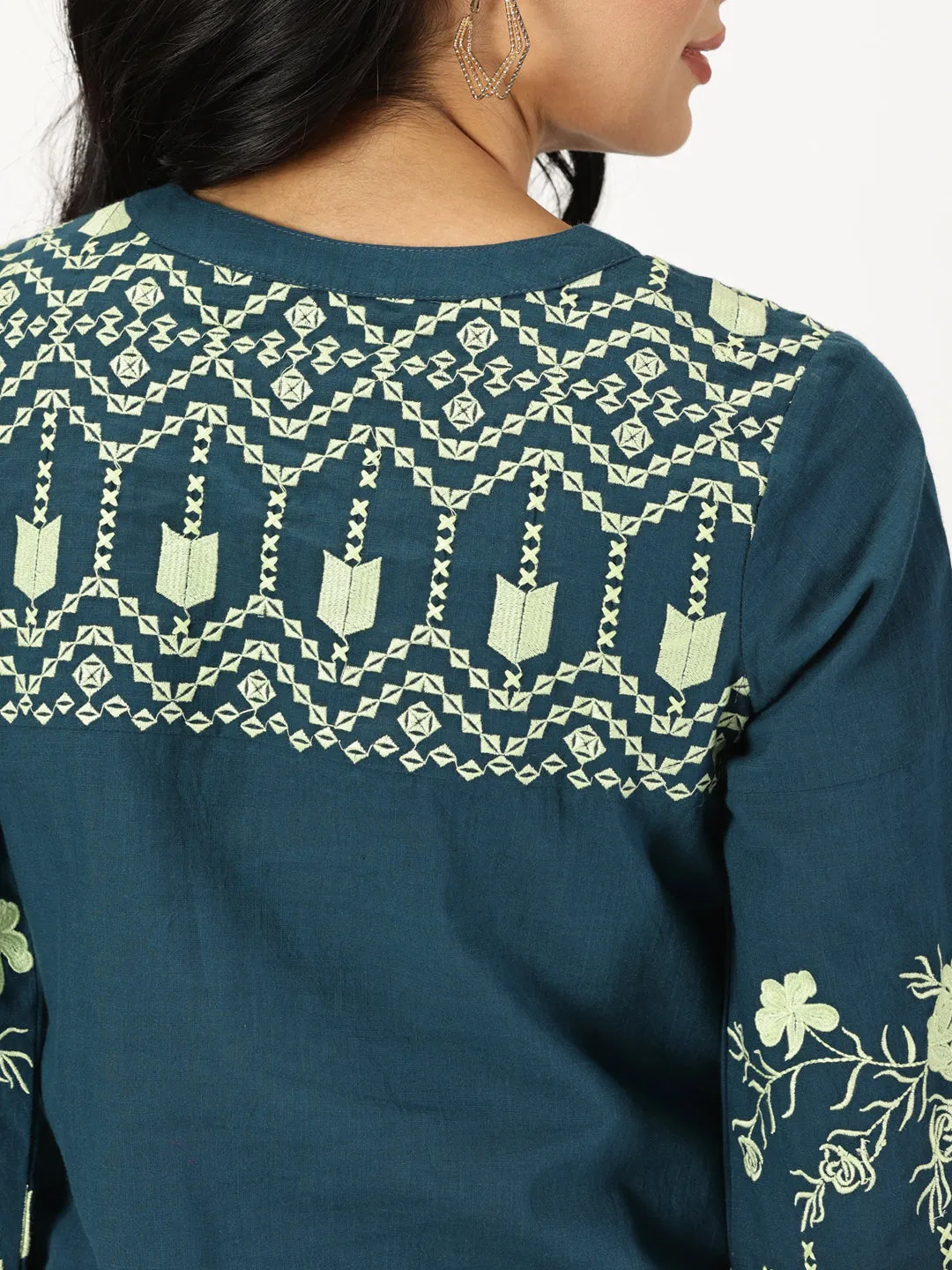 Teal Boho Midi Dress with Embroidered Details