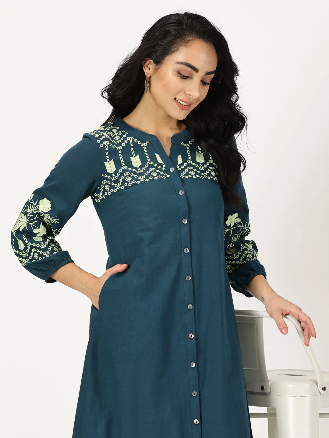 Teal Boho Midi Dress with Embroidered Details