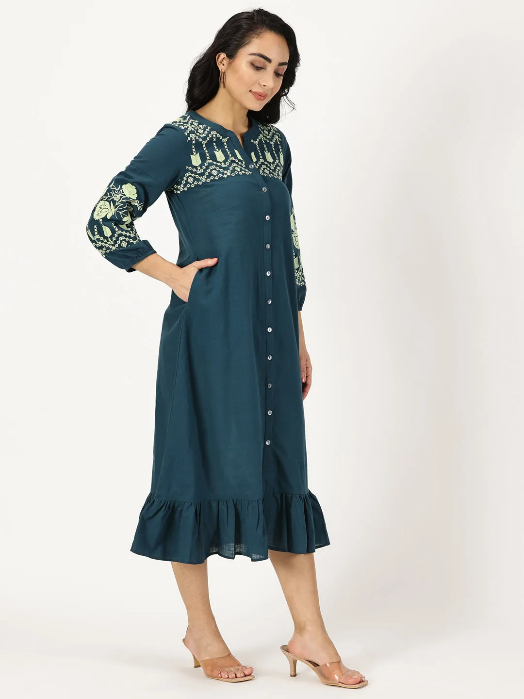 Teal Boho Midi Dress with Embroidered Details