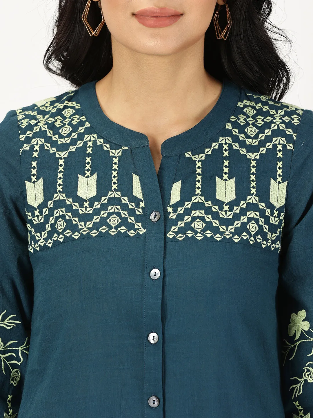 Teal Boho Midi Dress with Embroidered Details