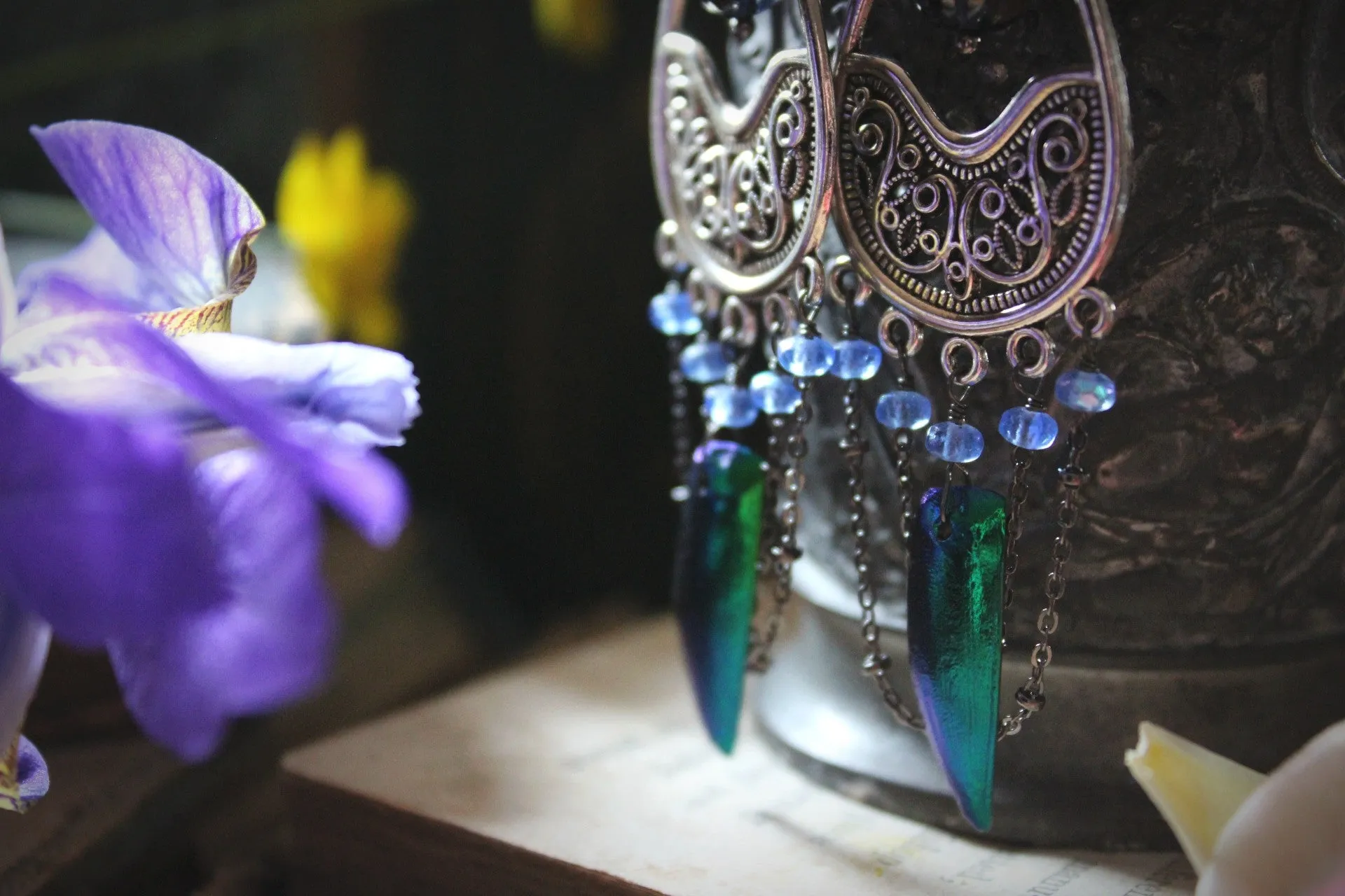 The Neon Garden | Flora's Jewel. Antiqued Silver & Beetle Wing Earrings.