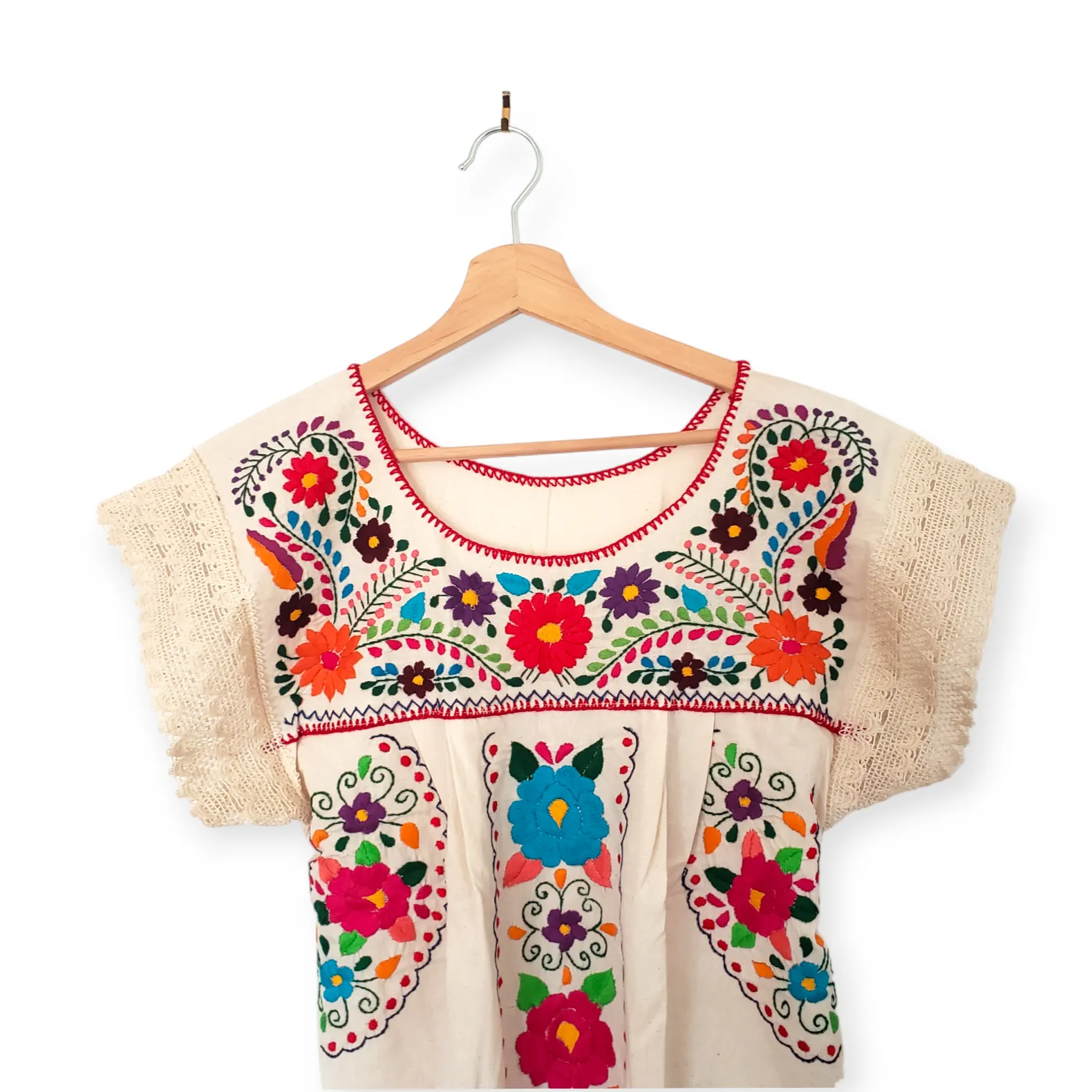 Traditional Mexican Embroidered Shirt Floral Top Blouse Handmade Beige Gypsy Hippie Ethnic Peasant Boho  Oaxaca Floral