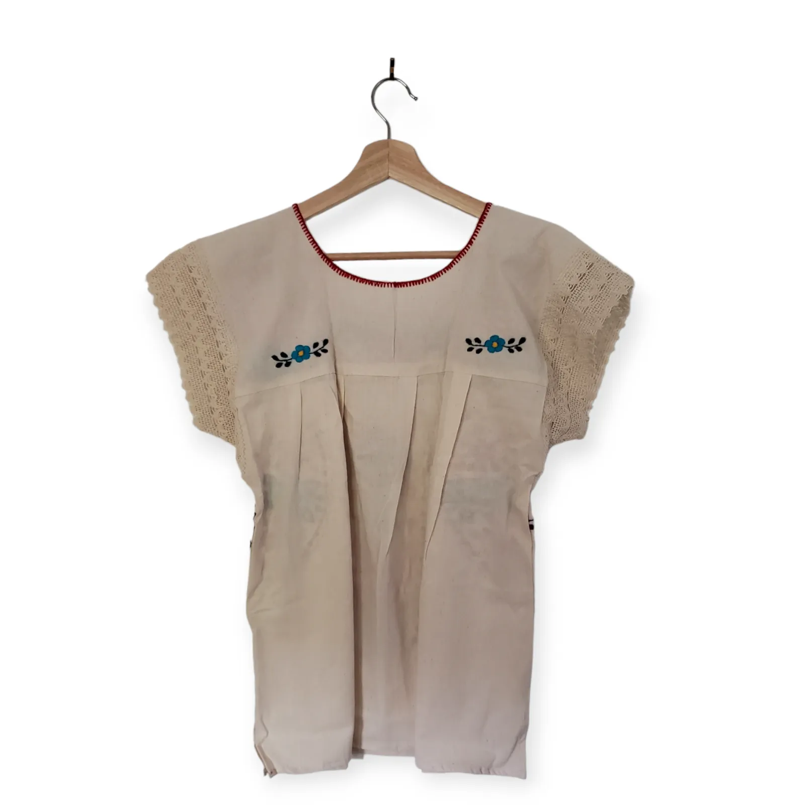 Traditional Mexican Embroidered Shirt Floral Top Blouse Handmade Beige Gypsy Hippie Ethnic Peasant Boho  Oaxaca Floral