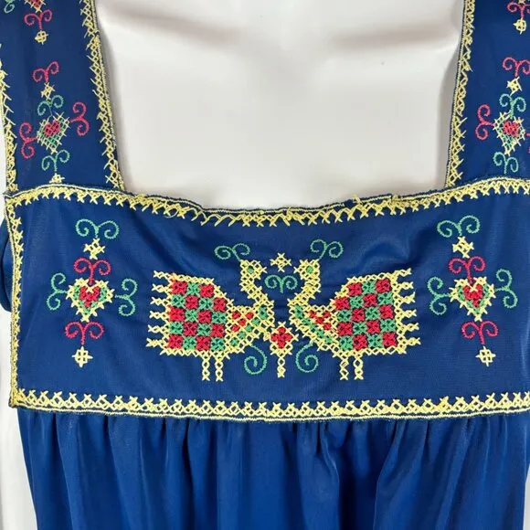 Vintage 70s Boho Nightie Women's Small Gilead Navy Embroidered Shift Lingerie