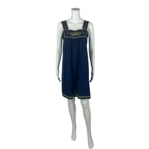 Vintage 70s Boho Nightie Women's Small Gilead Navy Embroidered Shift Lingerie