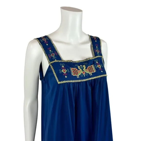Vintage 70s Boho Nightie Women's Small Gilead Navy Embroidered Shift Lingerie